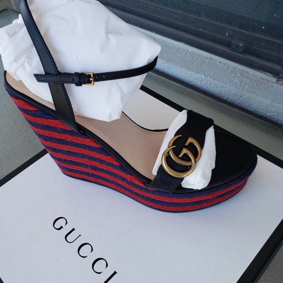 Gucci Black Red/Blue Marmont Double GG  40.5 Espadrille Platform Sandals - Picture 1 of 7